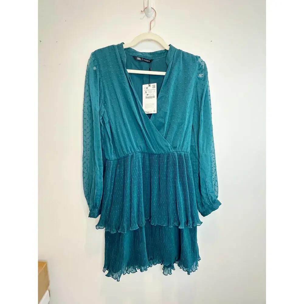 NWT Zara Swiss Dot Teal Dress Size S - Picture 2 of 10